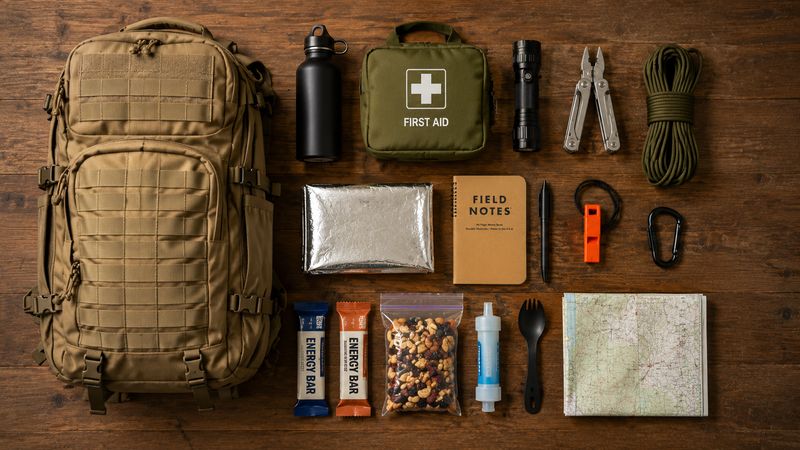 Bug-out bag contents laid out flat: backpack, water, first aid, tools and map