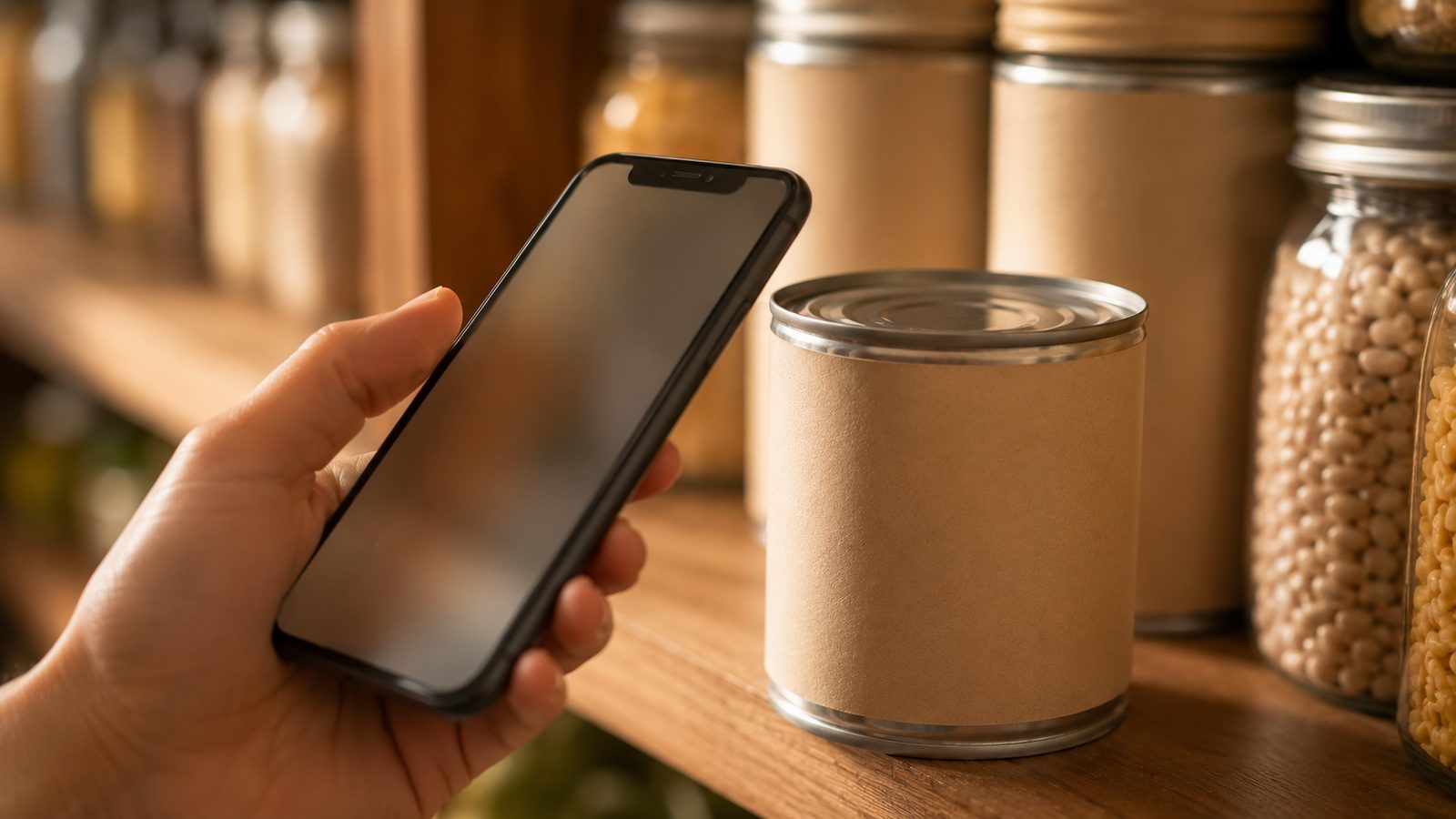A phone scanning the barcode on a canned good in a pantry