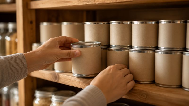 Hands rotating canned goods on a wooden pantry shelf