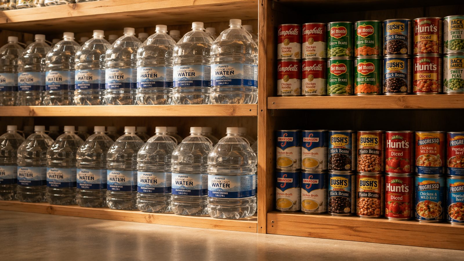 Rows of stored water jugs beside canned food on a pantry shelf