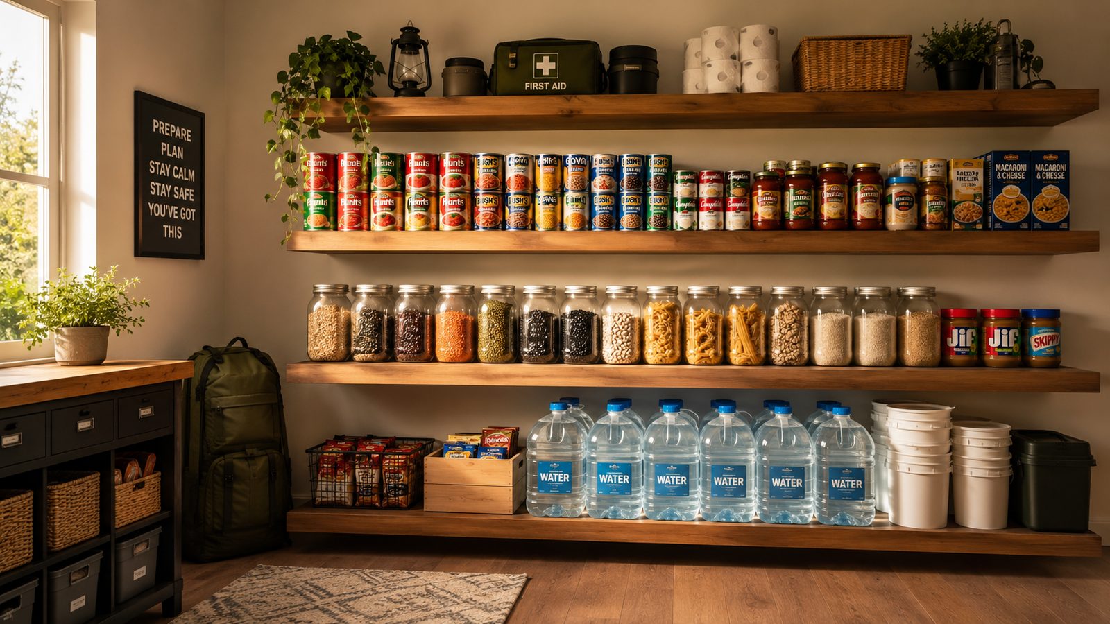 An organized home emergency pantry with shelves of canned food, jars of dry goods and stored water